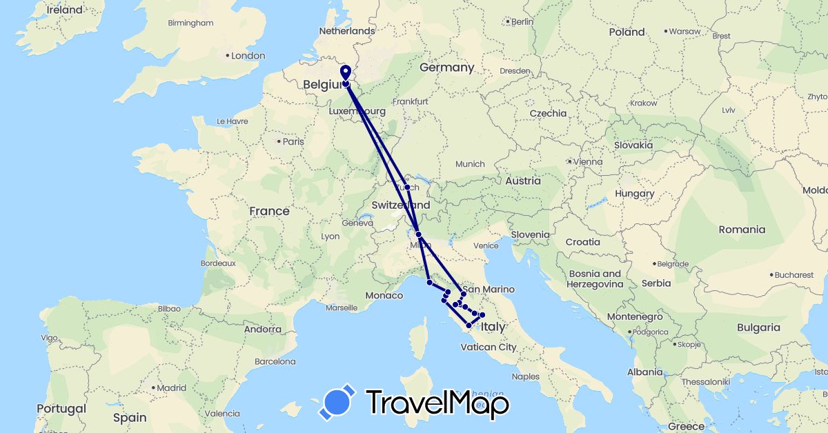 TravelMap itinerary: driving in Belgium, Switzerland, Italy (Europe)